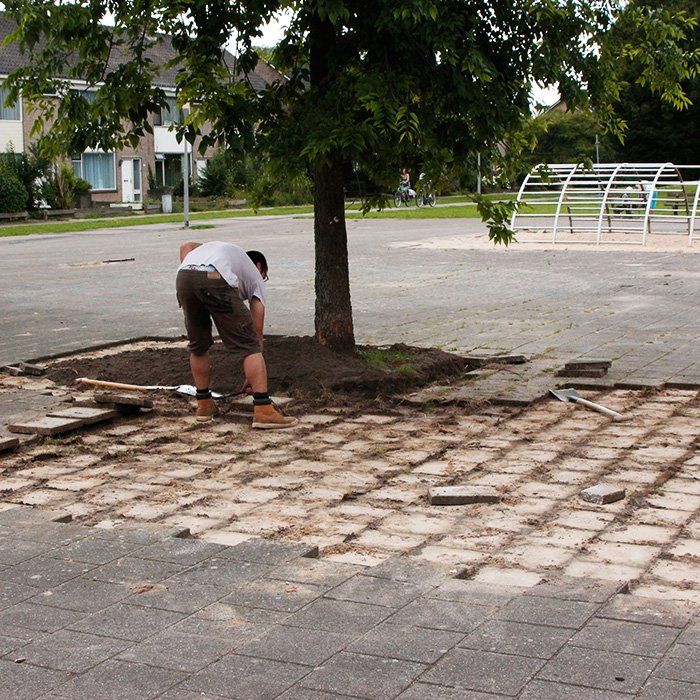 Buurtbewoners helpen mee met het verwijderen van de tegels